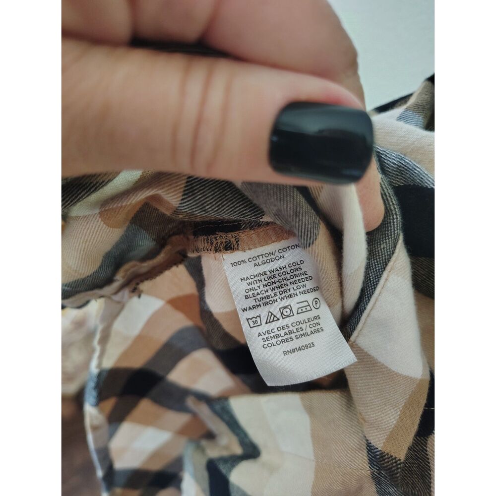 LOFT Women's Small Plaid Flannel Shirt Tan Black Button Down Cotton Relaxed Top - Picture 6 of 6